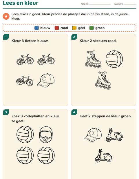 Voorbeeld van het Lees en kleur-werkblad met Sport ZW voor groep 3
