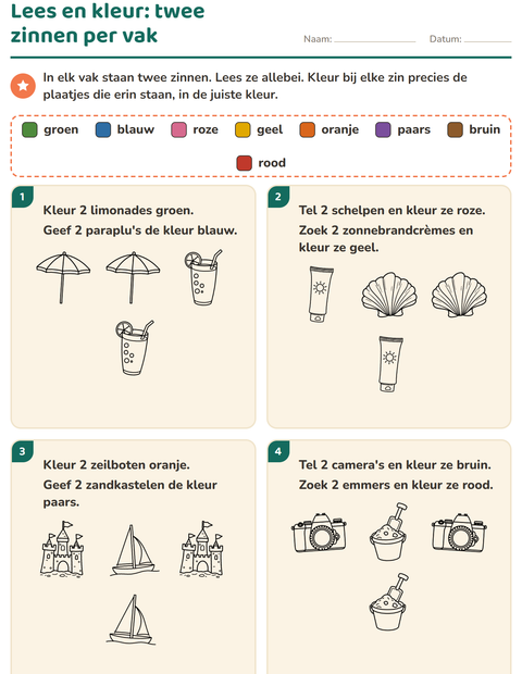 Voorbeeld van het Lees en kleur-werkblad met Strand ZW voor groep 3
