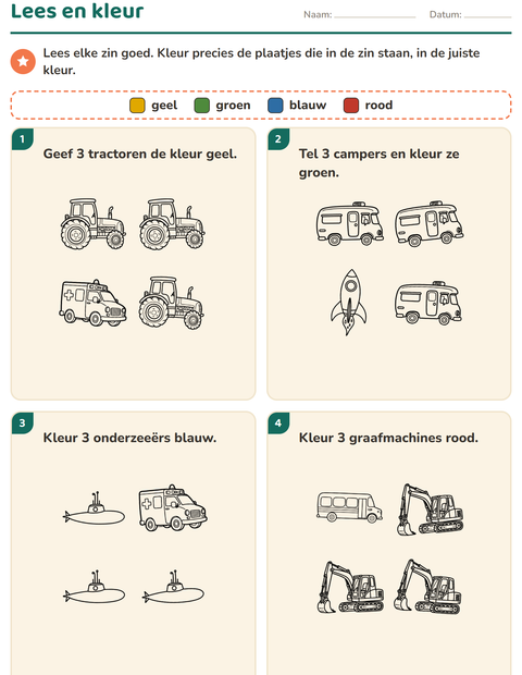Voorbeeld van het Lees en kleur-werkblad met Voertuigen ZW 2 voor groep 3