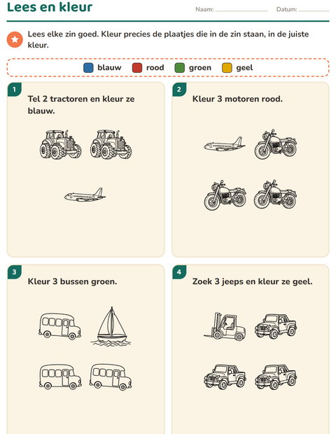Voorbeeld van het Lees en kleur-werkblad met Voertuigen ZW voor groep 3