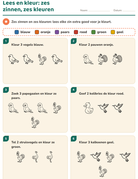 Voorbeeld van het Lees en kleur-werkblad met Vogels Z&W 2 voor groep 3