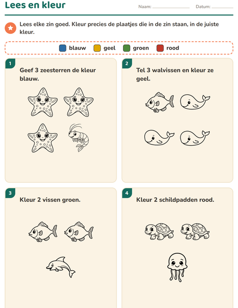 Voorbeeld van het Lees en kleur-werkblad met Zeeleven ZW 2 voor groep 3