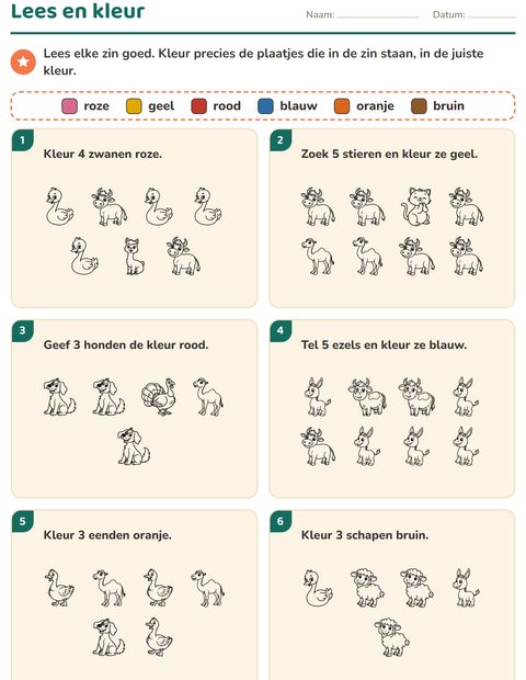 Voorbeeld van het Lees en kleur-werkblad met Boerderijdieren ZW voor groep 3