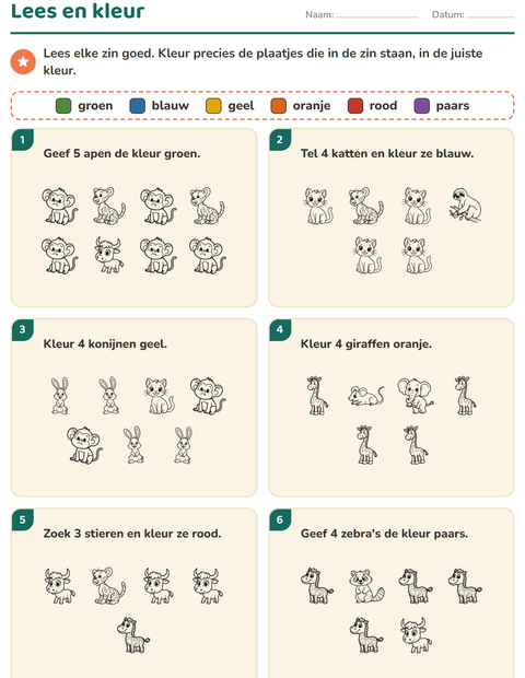 Voorbeeld van het Lees en kleur-werkblad met Dieren ZW 2 voor groep 3