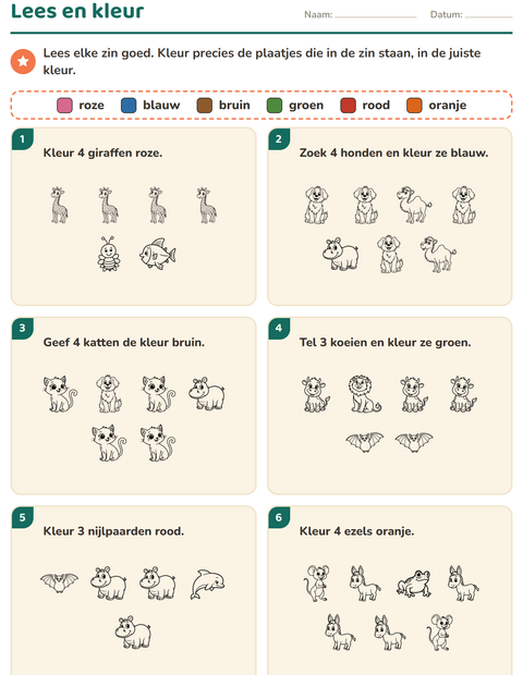 Voorbeeld van het Lees en kleur-werkblad met Dieren ZW 3 voor groep 3