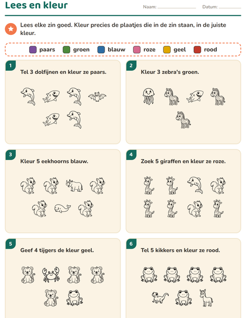 Voorbeeld van het Lees en kleur-werkblad met Dieren ZW 5 voor groep 3
