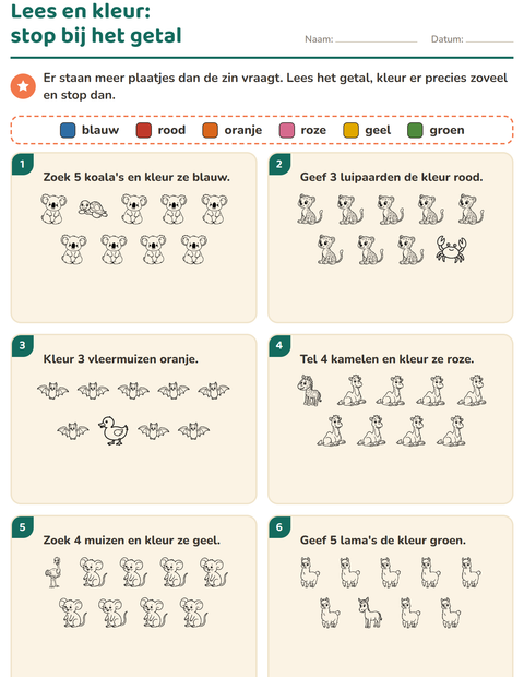 Voorbeeld van het Lees en kleur-werkblad met Dieren ZW 5 voor groep 3