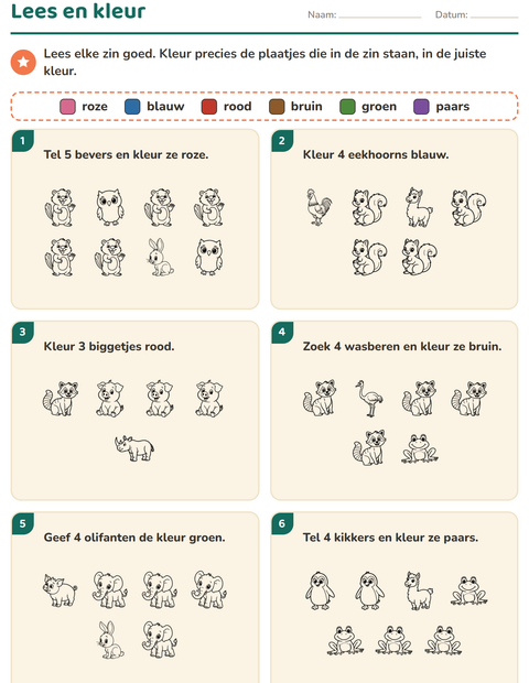 Voorbeeld van het Lees en kleur-werkblad met Dieren ZW voor groep 3