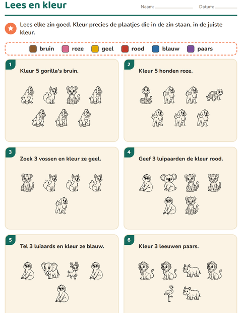 Voorbeeld van het Lees en kleur-werkblad met Dierentuindieren ZW voor groep 3