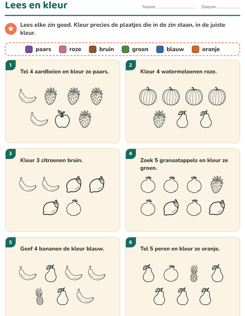 Voorbeeld van het Lees en kleur-werkblad met Fruit ZW voor groep 3