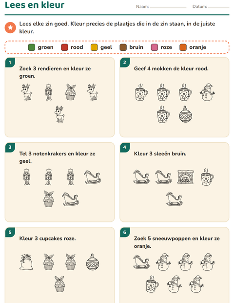 Voorbeeld van het Lees en kleur-werkblad met Kerstmis Z/W 2 voor groep 3