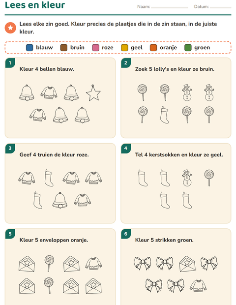 Voorbeeld van het Lees en kleur-werkblad met Kerstmis Z/W voor groep 3