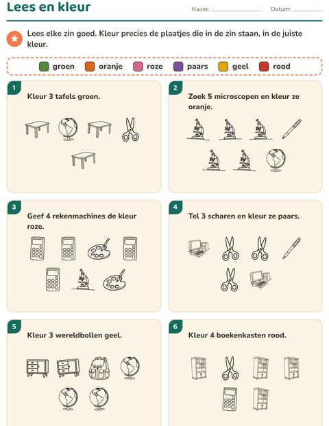 Voorbeeld van het Lees en kleur-werkblad met Klaslokaal 2 (Z/W) voor groep 3