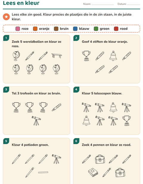 Voorbeeld van het Lees en kleur-werkblad met Klaslokaal (Z/W) voor groep 3