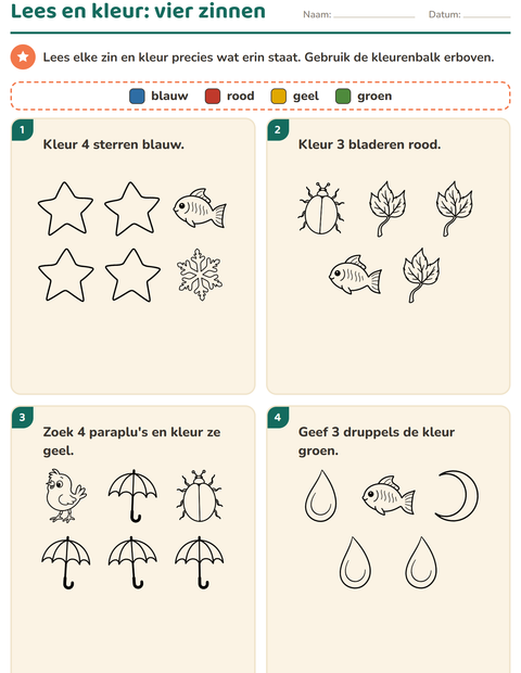 Voorbeeld van het Lees en kleur-werkblad met Natuur ZW voor groep 3