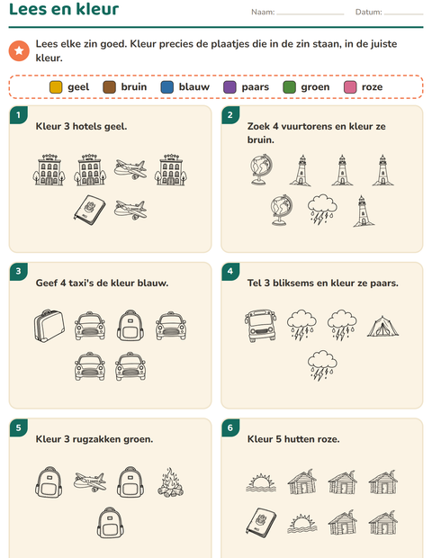 Voorbeeld van het Lees en kleur-werkblad met Reizen en Vakantie ZW voor groep 3