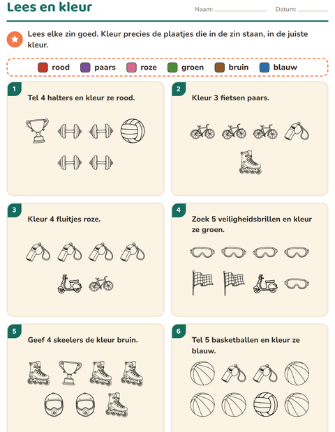 Voorbeeld van het Lees en kleur-werkblad met Sport ZW voor groep 3