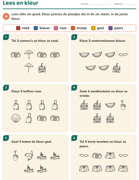Voorbeeld van het Lees en kleur-werkblad met Strand ZW 2 voor groep 3