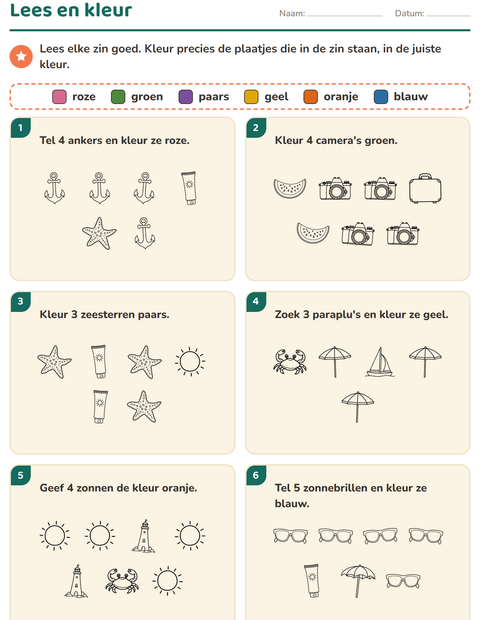 Voorbeeld van het Lees en kleur-werkblad met Strand ZW voor groep 3