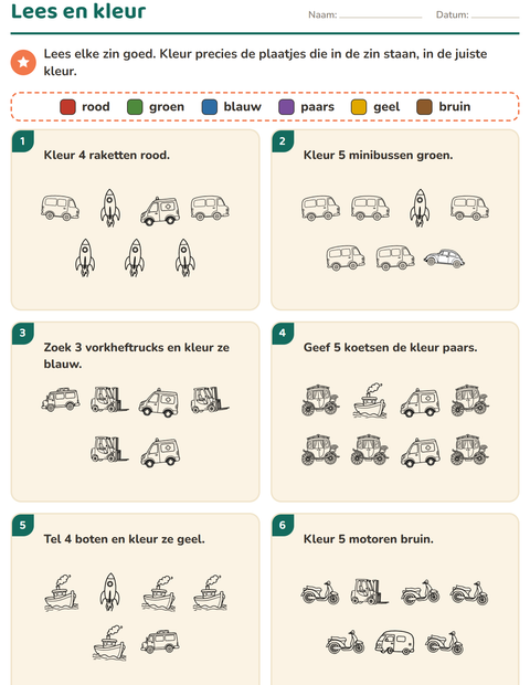 Voorbeeld van het Lees en kleur-werkblad met Voertuigen ZW 3 voor groep 3