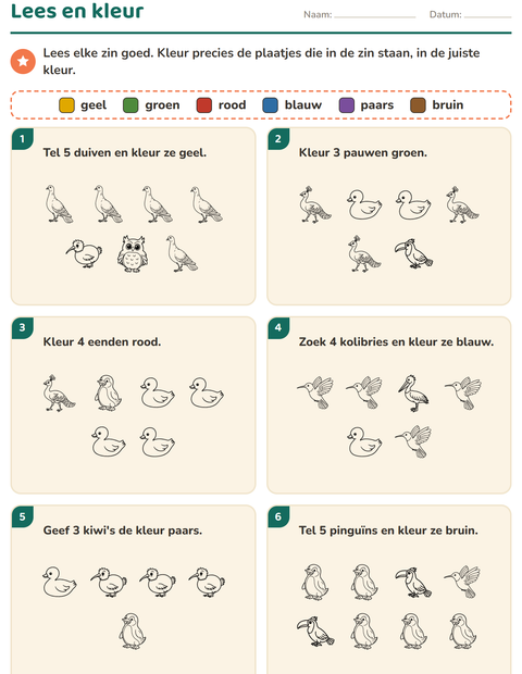 Voorbeeld van het Lees en kleur-werkblad met Vogels Z&W voor groep 3