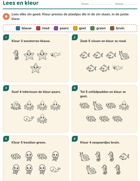 Voorbeeld van het Lees en kleur-werkblad met Zeeleven ZW 2 voor groep 3
