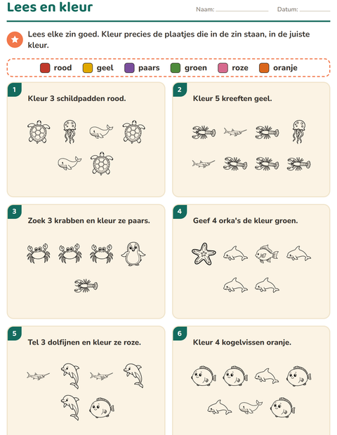 Voorbeeld van het Lees en kleur-werkblad met Zeeleven ZW voor groep 3