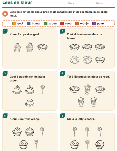Voorbeeld van het Lees en kleur-werkblad met Nagerecht (Z/W) voor groep 3