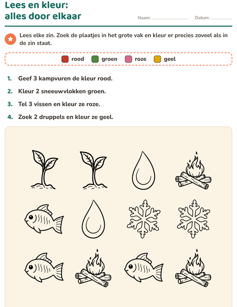 Voorbeeld van het Lees en kleur-werkblad met Natuur ZW voor groep 3