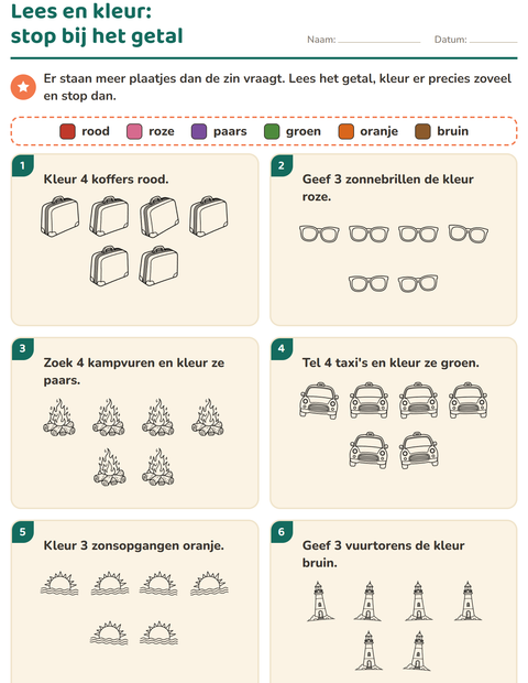 Voorbeeld van het Lees en kleur-werkblad met Reizen en Vakantie ZW voor groep 3