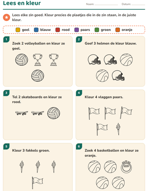 Voorbeeld van het Lees en kleur-werkblad met Sport ZW 2 voor groep 3