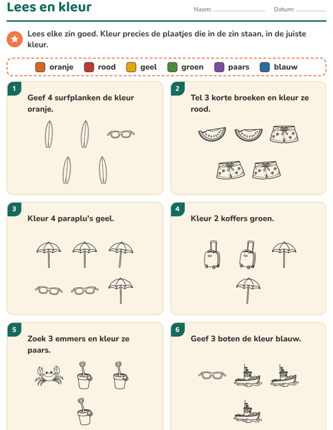 Voorbeeld van het Lees en kleur-werkblad met Strand ZW 2 voor groep 3