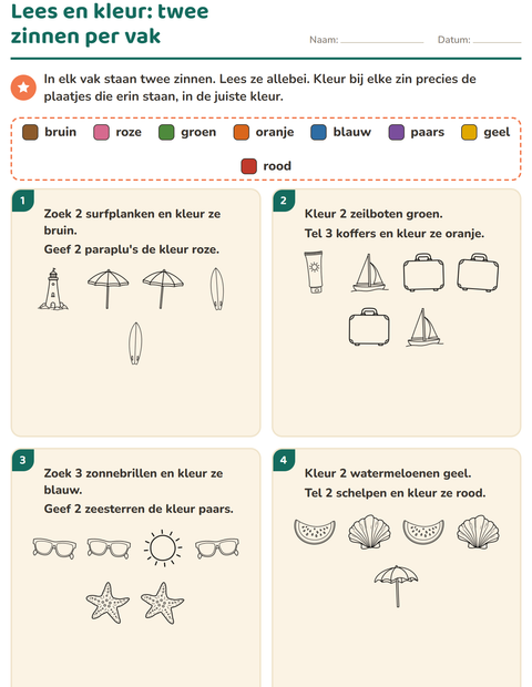 Voorbeeld van het Lees en kleur-werkblad met Strand ZW voor groep 3