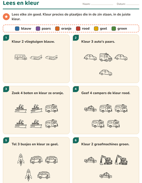 Voorbeeld van het Lees en kleur-werkblad met Voertuigen ZW 2 voor groep 3