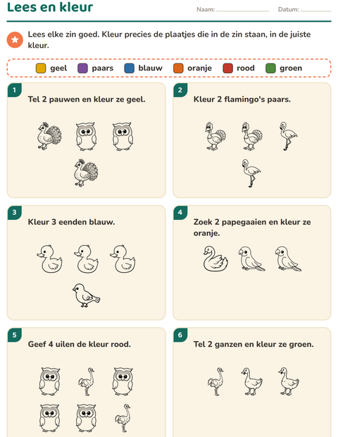 Voorbeeld van het Lees en kleur-werkblad met Vogels Z&W 2 voor groep 3