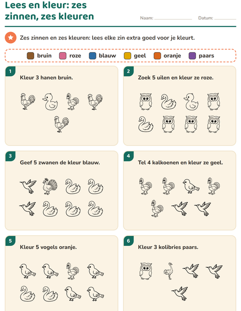 Voorbeeld van het Lees en kleur-werkblad met Vogels Z&W 2 voor groep 3