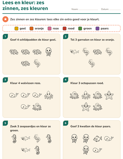 Voorbeeld van het Lees en kleur-werkblad met Zeeleven ZW 2 voor groep 3
