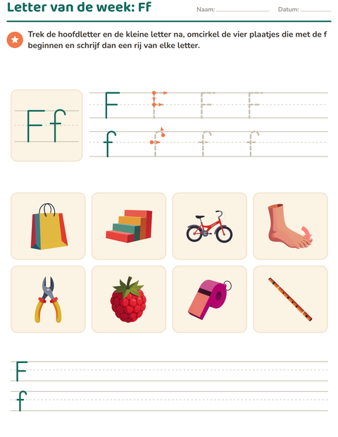 Voorbeeld van het Letter van de week-werkblad voor kleuterklas