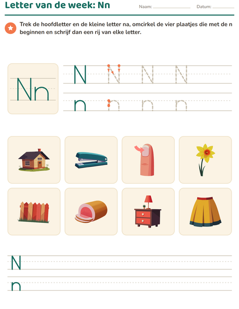 Voorbeeld van het Letter van de week-werkblad voor kleuterklas