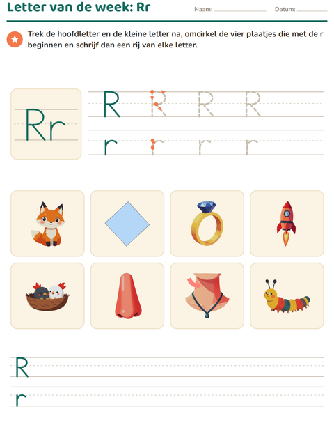 Voorbeeld van het Letter van de week-werkblad voor kleuterklas