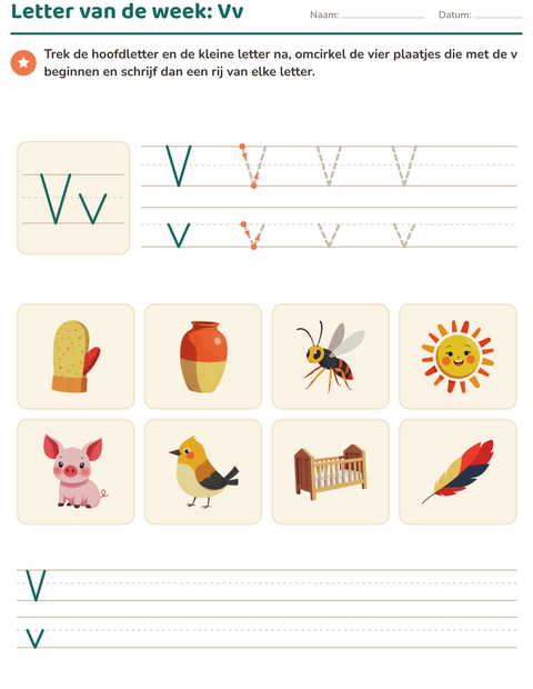 Voorbeeld van het Letter van de week-werkblad voor kleuterklas