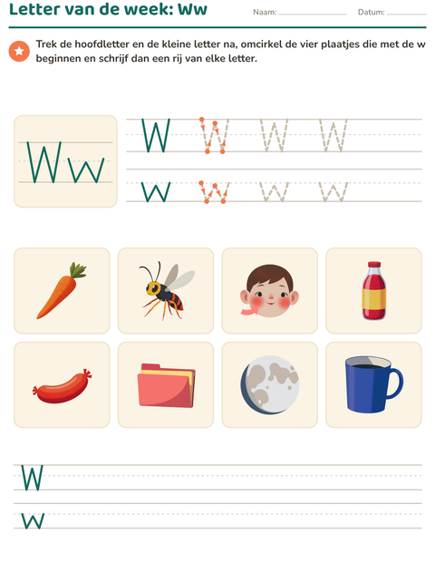 Voorbeeld van het Letter van de week-werkblad voor kleuterklas