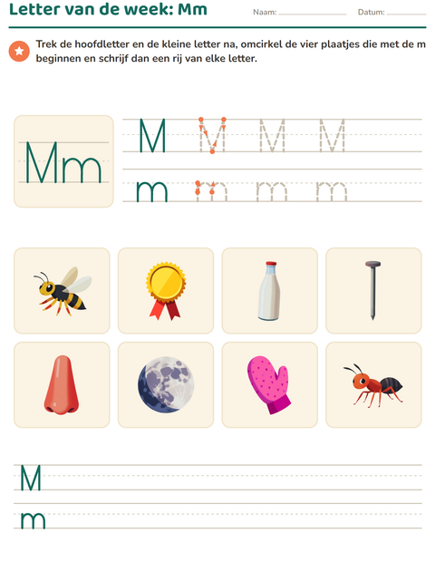 Voorbeeld van het Letter van de week-werkblad voor kleuterklas