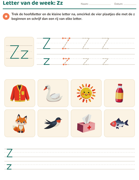 Voorbeeld van het Letter van de week-werkblad voor kleuterklas
