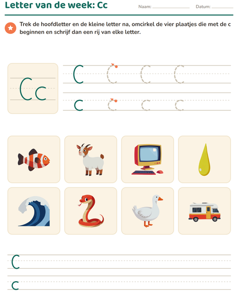 Voorbeeld van het Letter van de week-werkblad voor kleuterklas