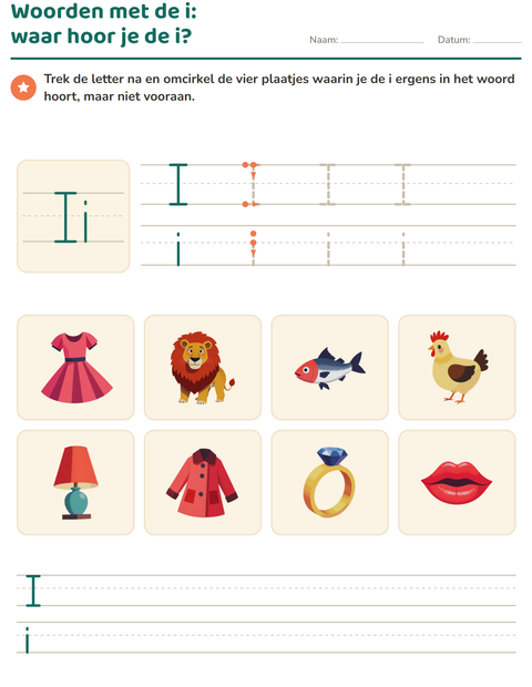 Voorbeeld van het Letter van de week-werkblad voor kleuterklas