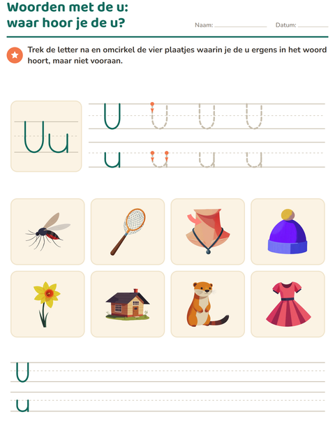 Voorbeeld van het Letter van de week-werkblad voor kleuterklas