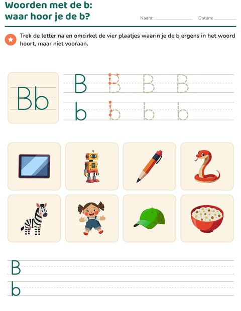 Voorbeeld van het Letter van de week-werkblad voor kleuterklas