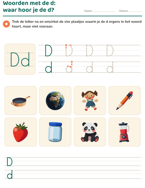 Voorbeeld van het Letter van de week-werkblad voor kleuterklas