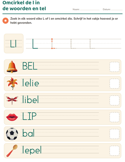 Voorbeeld van het Letter van de week-werkblad voor kleuterklas